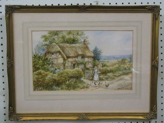 Edward A Swan, watercolour "Country Cottage with Lady Feeding Chickens" 7" x 12"