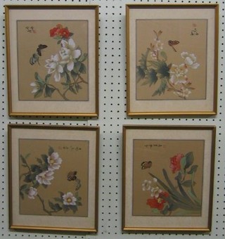 A set of 4 19th/20th Century Oriental paintings on silk "Flowers and Butterflies" 9" x 8"