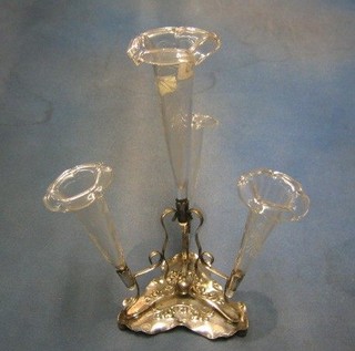 A trefoil shaped embossed silver plated epergne table centre piece with 3 cut glass vases 14"