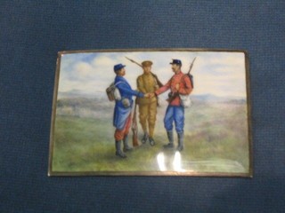 A WWI Continental silver and enamel plaque depicting a British, French and Belgian soldier 3" x 4"