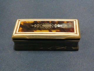 A 19th Century rectangular horn snuff box with tortoiseshell and inlaid ivory lid 3"