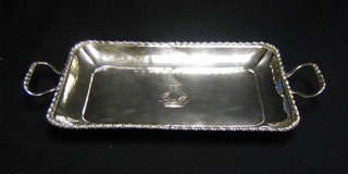A George III rectangular silver twin handled snuffer tray with gadrooned border and armorial decoration, London 1763, makers mark CA EA, 8" 8 ozs