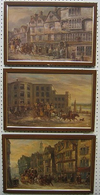 A set of 3 coaching prints "Wyght Street Strand Days of Hogarth, The Old Star and Garter Richmond Hill and 1 other" 10" x 16"