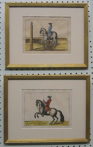 A pair of 18th/19th Century coloured equestrian prints "Le Monarque and Loiseau" 5 1/2" x 6 1/2"