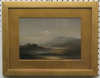 19th Century oil painting on card "Moonlight Study Figures by Camp Fire in Moorland Landscape" 6" x 9"