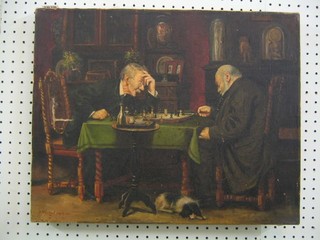 J N Hisbert, 20th Century Continental School, oil painting on canvas "Two Gentleman Playing Chess" signed and dated 1928, (unframed) 16" x 19"