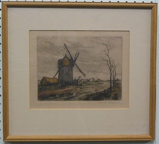A coloured etching "Windmill with Lane" 5" x 7" indistinctly signed