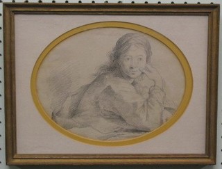 A 19th/20th Century pencil portrait of a seated girl 7" oval