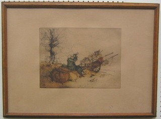 Coussens, a coloured etching "Seated Tramp with Handcart" 9" x 12"