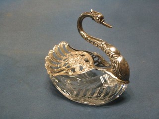 A German pierced silver and cut glass salt in the form of a swan 6"