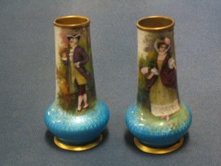 A pair of fine quality 19th Century gilt metal and blue enamel specimen vases of club form, decorated lady and gentleman 4"