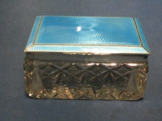 A fine quality Art Deco glass, silver and enamelled trinket box, the silver hinged lid with blue enamel engine turned decoration, Birmingham 1929, 3 1/2"