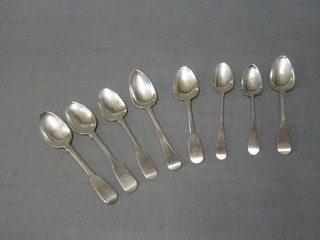 A pair of George III silver Old English pattern tea spoons London 1798, 1 other pair London 1825 and 4 other silver spoons. 5 ozs