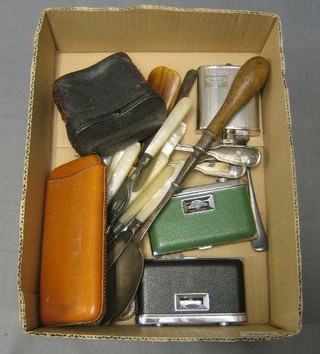 A silver plated hip flask, 3 pairs of opera glasses and a small collection of flatware and a leather cigar case