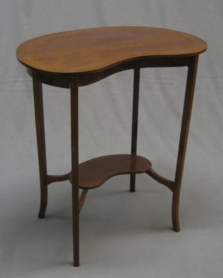 An Edwardian inlaid mahogany kidney shaped occasional table with undertier, raised on square tapering supports 27"