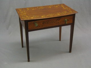 A 19th Century Dutch bow front marquetry side table, fitted a frieze drawer and raised on square tapering supports 30"