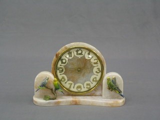 An Art Deco Smiths electric clock contained in a pink veined marble case with metal figures of Budgerigars to the side