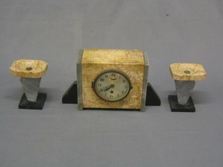 A 1930's French pink and grey marble clock garniture with mantel clock with silvered dial and Arabic numerals and 2 side pieces