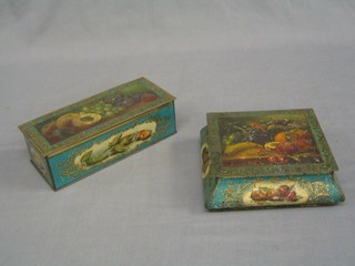 A rectangular biscuit tin and a square biscuit tin