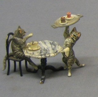 An Austrian cold painted bronze figure of humerous cats tea party with seated cat and waiter cat, 3"