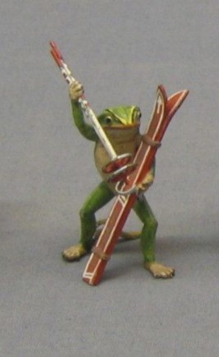 An Austrian cold painted bronze figure of a  toad with skis and sticks 3"