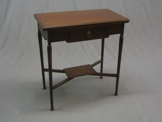 An Edwardian Art Nouveau mahogany card table, fitted a drawer and raised on turned supports with X framed stretcher 28" 