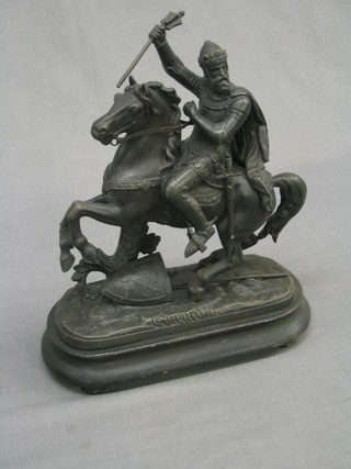 A Victorian spelter figure of the mounted Edward III (some damage) raised on a wooden base 14"