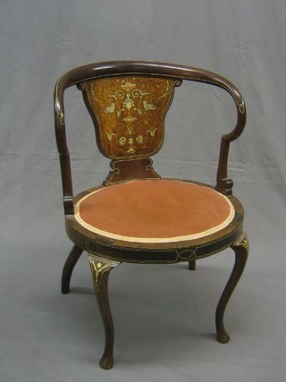 An Edwardian inlaid rosewood slat and tub back chair with circular seat, the slat heavily inlaid, raised on cabriole supports