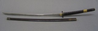 A reproduction Oriental Katana contained in a scabbard and having a dagger within the hilt, 43"