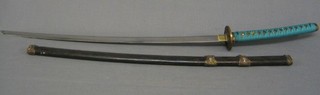 A reproduction Katana with  plain blade and having blue cord work to the grip 43"