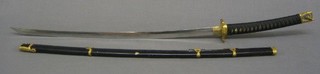 A reproduction Katana with plain blade and having black cord work to the grip 43"