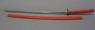 A reproduction Katana with single plain blade, contained in a red scabbard 42"