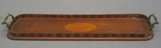 An Edwardian inlaid mahogany rectangular bottle tray with brass twin handles 23"