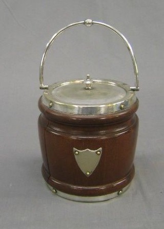 A turned mahogany biscuit barrel with plated mounts (cracked)