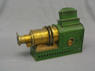 A green painted metal and brass magic lantern