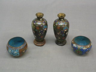 A pair of black ground cloisonne enamelled vases 5" and 2 blue ground bowls 5"
