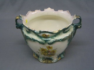 An Edwardian blue glazed floral pottery twin handled jardiniere 13"