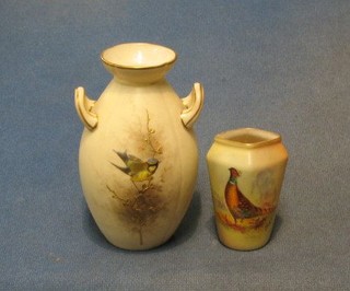 A Worcester Royal Crown China Works porcelain twin handled vase decorated a Bluetit, the base with brown mark, marked 437 G3163 5" and an oval Locks & Co Worcester vase decorated a cock pheasant 3"