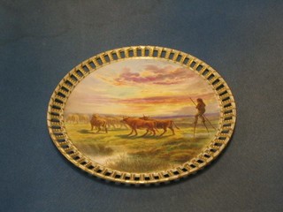 A circular Royal Worcester ribbon ware plate "Going Through The Marshes" after Rosa Bonhews by R F Perling, the base with purple Royal Worcester mark and 75, 9" (restoration to ribbon work)