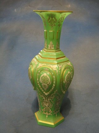 A Victorian Bohemian green glass and white and gilt enamelled vase of club form, 15"