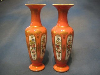 A handsome pair of Victorian pink opaque glass vase with panel decoration of roses, 12"