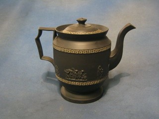 A Wedgwood style black basalt coffee pot with Grecian key and classical figure decoration (spout cracked/f and r) 7"