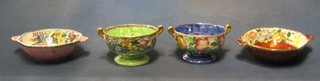 A Malingware circular twin handled soup bowl with embossed floral decoration 4", a similar bowl green and floral glazed and 2 octagonal shaped twin handled bowls, base marked 1573