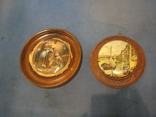 A 19th Century Prattware pot lid Country Quarters contained in a socle frame and 1 other Venice in a carved frame