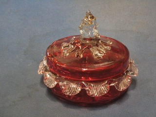 A Victorian cranberry glass jar and cover 7"