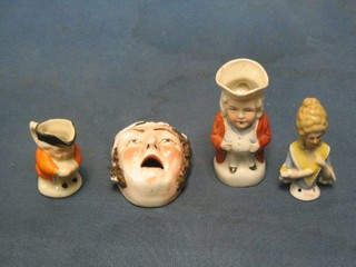 A Staffordshire style pottery wall mask of a Pirate 3", 2 miniature pottery Toby jugs and a pin cushion head