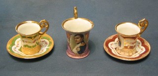 A Continental porcelain coffee can decorated Napoleon and 4 other Continental coffee cans and saucers