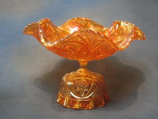 An orange Carnival glass pedestal fruit bowl (in 2 sections)