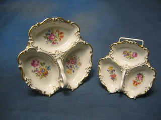 2 German porcelain 3 section hors d'eouvres dishes with floral decoration