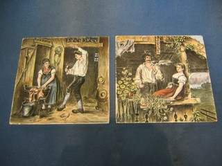 A pair of 19th Century Boch tiles decorated  lady and gentleman farmer 8" x 8"